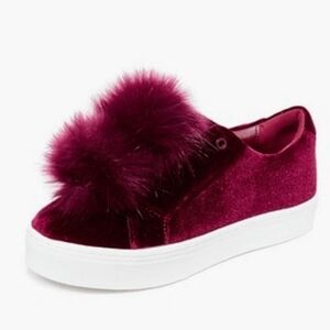 Women's Burgundy Velvet Sneakers with Faux Fur Pom